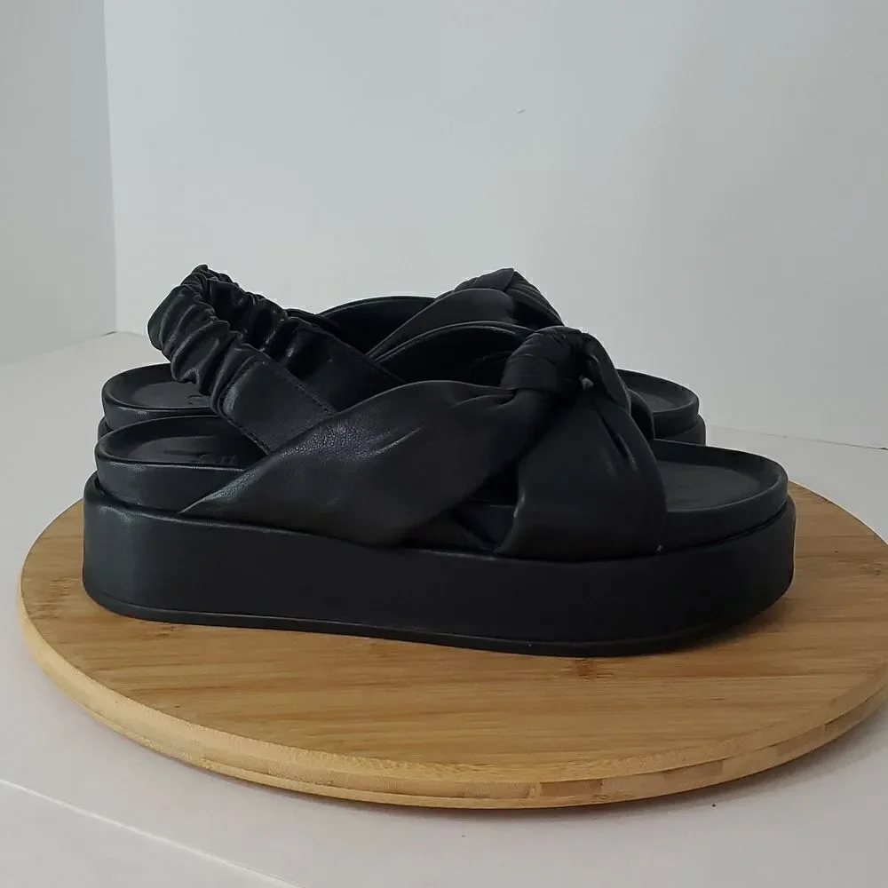Silent D Pance Leather Platform Slingback Slide Sandal Knotted Black Size 38